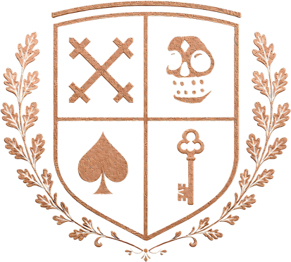 The quartered GRIM shield: crosses, skull, spade and key